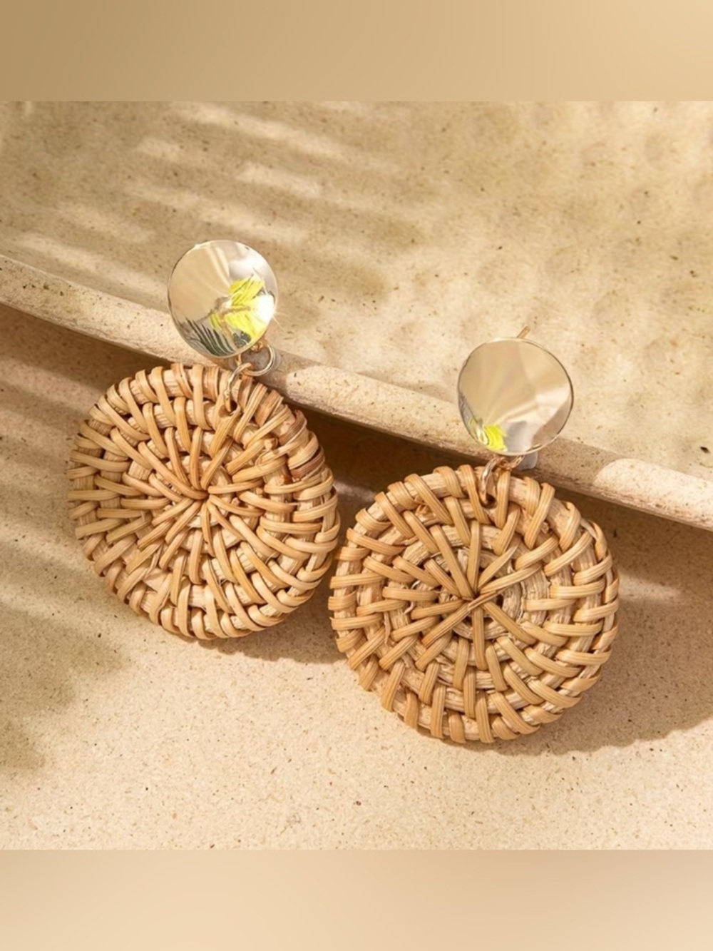 Woven Rattan Drop Earrings with Gold Disc - Natural